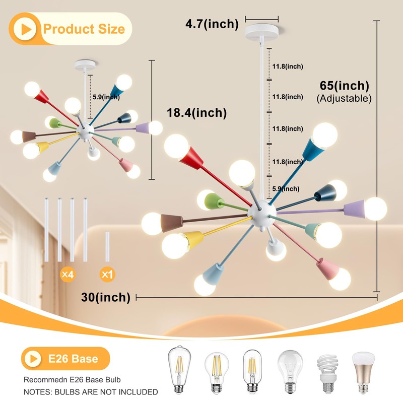 Aleslsop Colorful Chandelier,12-Light Sputnik Ceiling Light Fixture, Sputnik Chandelier with