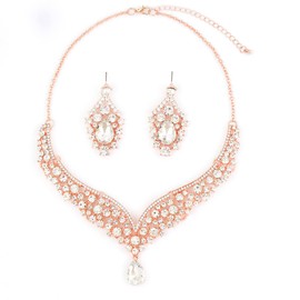 Hapibuy Rose Gold Crystal Wedding Jewelry Set Bridal Rhinestone Necklace and Earring Set For Brides Party Costume Accessories for Women