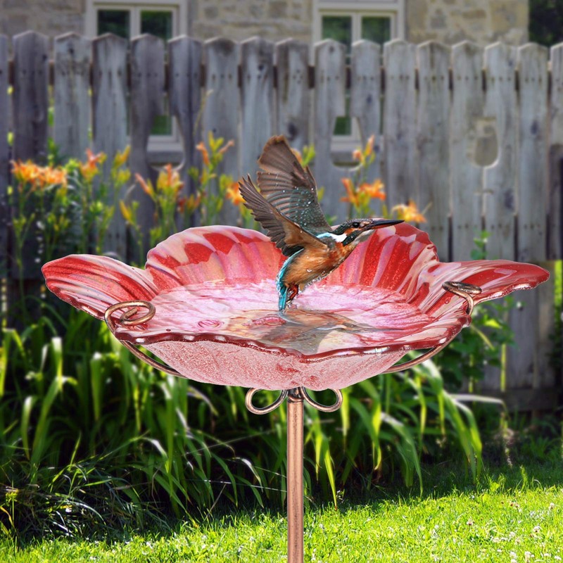 Outdoor Bird Bath Glass Birdbath Garden Birdfeeder with Metal Stake
