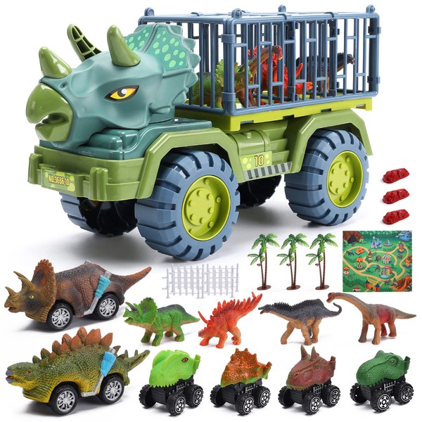 CUTE STONE Dinosaur Truck for Kids 3-5, Dinosaur Transport Truck with Dinosaur Toys and Play Mat, 2 Friction Powered Cars, 4 Pull Back Dinosaur Cars, Dino Car Playset for Boys