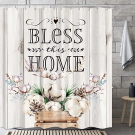 KOMLLEX Rustic Farmhouse Shower Curtain Set 72Wx72H Inch Vintage Quote Bless Home Shower Curtain for Bathroom Modern Spring Country Floral Flower Bath Accessories Wooden Barn Door Bathtub Decor