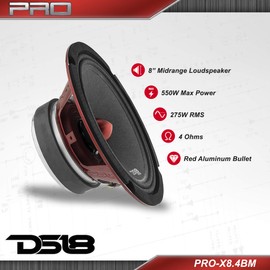 DS18 PRO-X8.4BM Loudspeaker - 8", Midrange, Red Aluminum Bullet, 550W Max, 275W RMS, 4 Ohms - Premium Quality Audio Door Speakers for Car or Truck Stereo Sound System (1 Speaker)