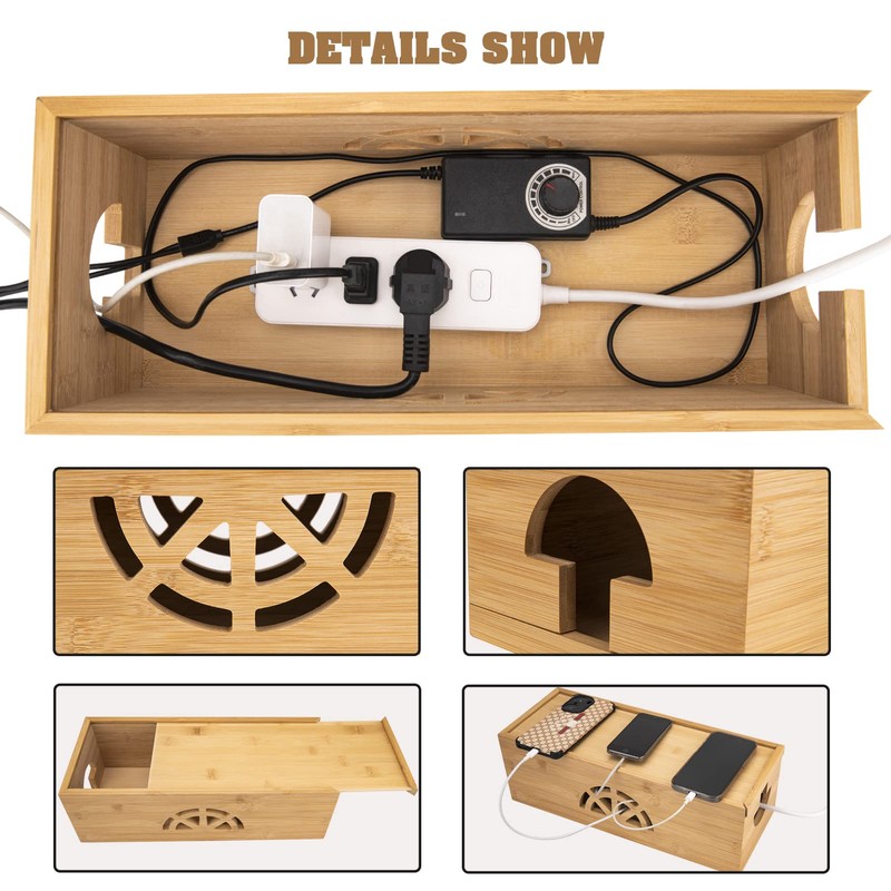 Cable Management Box,Bamboo Cable Management Box,Cord Management Box for Desk,