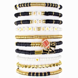 ARZASGO 10 Pack Game Day Bracelets for Women, Stackable Heishi Bracelets Clay Beaded Stretch Friendship Bracelets, Football Charm Bracelet Sport Fans Outfits Jewelry Gifts, Black