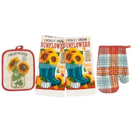 Farmhouse Fall Decor Kitchen Towels and Pot Holder Set: Country Plaids with Autumn Sunflowers Welcome You (Contemporary Kitchen Set)