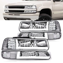PIT66 LED DRL Headlight Assembly, Fit for 1999-2002 Chevy Silverado 1500 2500 3500 / Fit 2000-2006 Tahoe Suburban Headlamp Replacement Clear Lens