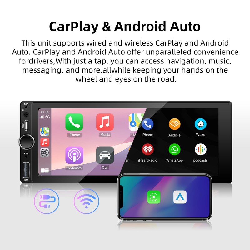 [Type-C&USB] Carplay Screen for car,Single-Din-Car-Radio with Wireless Apple-Carplay & Android-Auto,6.86