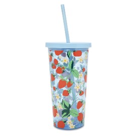 ban.do Blue Floral Sip Sip Insulated Tumbler with Reusable Silicone Straw, 20 Ounce Travel Cup, Strawberry Fields