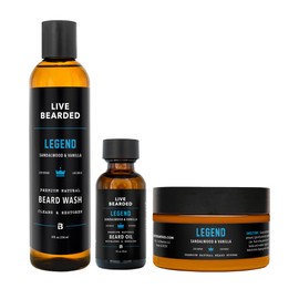 Live Bearded 3-Step Beard Grooming Kit - Wash, Oil and Butter - Made in the USA - All-Natural Ingredients with Shea, Jojoba - Growth Support | Legend Scent - Sandalwood, Vanilla