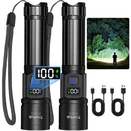 TrixHub Rechargeable Flashlights 2 Pack, Super Bright High Lumens Flash Light, 5 Modes Zoomable Linternas with LCD Digital Display, Powerful Handheld LED Flashlights for Home Emergencies Camping