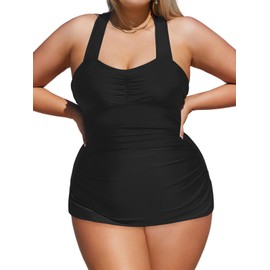 CUPSHE Plus Size Swimsuit for Women One Piece Bathing Suit Halter Ruched Tummy Control Full Coverage with Back Hook, 0X Black