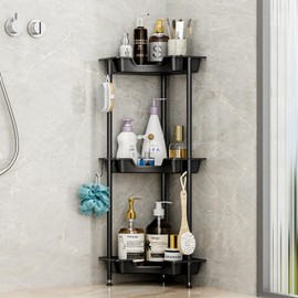 SWTYMIKI Corner Shower Caddy Standing - 3 Tier Floor Standing Shower Organizer with 4 Hooks, Plastic & Stainless Steel Waterproof Corner Stand Shower Shelf Storage Rack for Bathroom, Bathtub, Black