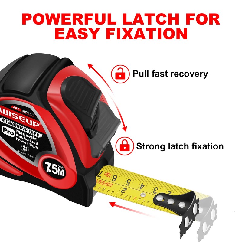 WISEUP Industrial Magnetic Tape Measure with Fractions 1/8 and Metric,Easy