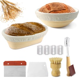 Banneton Bread Proofing Basket Set for Sourdough Bread Baking: 23cm Round & 25cm Oval Rattan Proving Bowls with Liner, Bread Lame, Dough Scraper, Brush, Baking Gifts for Professionals and Home Bakers