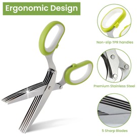 GEEKHOM Herb Scissors, Kitchen Herb Shears 5 Stainless Steel Blades Cutter Sharp Cooking Scissors with Safety Cover and Cleaning Comb for Chopping Chive Onion Cilantro Vegetables, Green