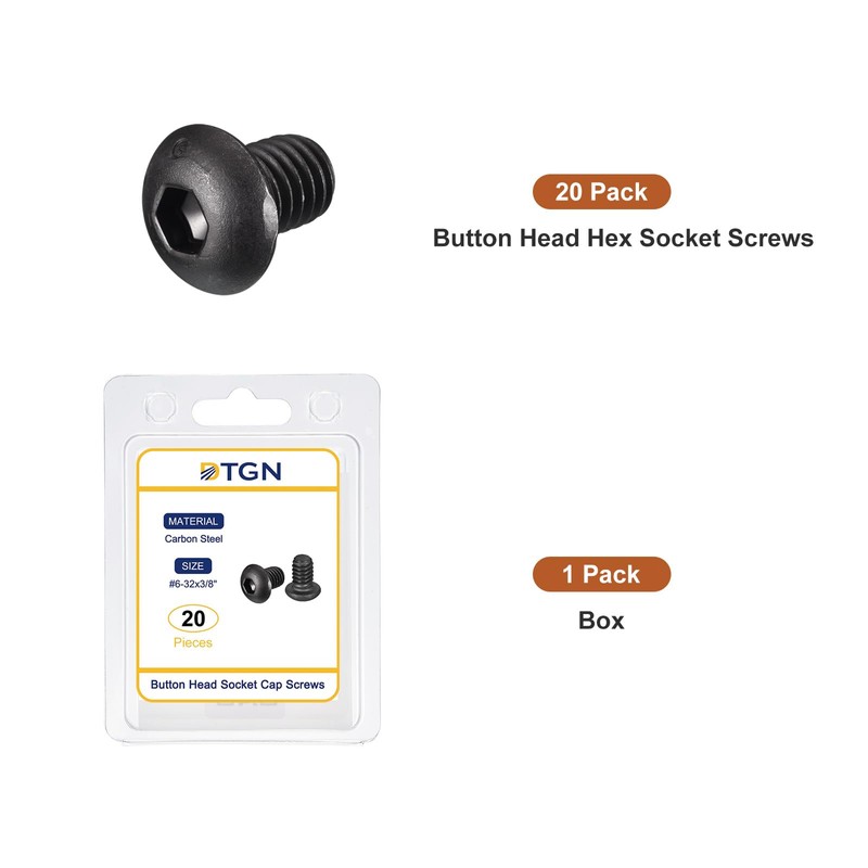 DTGN 20pcs #6-32x3/8" Button Head Socket Cap Screw Machine Carbon