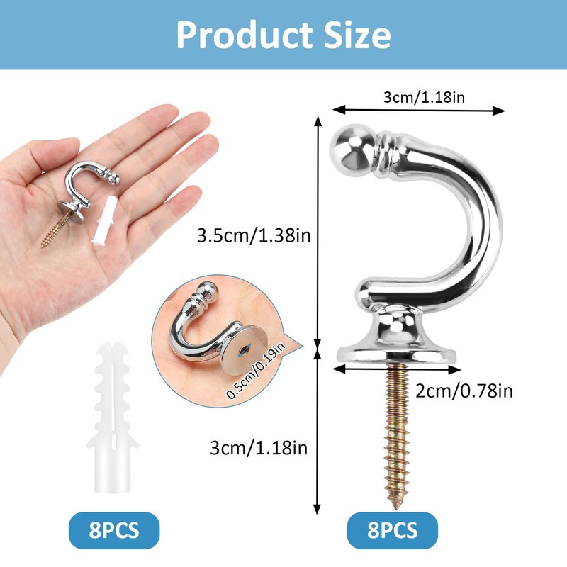 ALLisWE 8PCS Curtain Tie Backs Hooks Silver U Shaped Ball