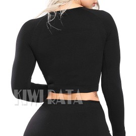 KIWI RATA Women Seamless Long Sleeve Yoga Gym Crop Top Thumb Hole Fitted Sportwear Activewear Outfits (#3 Black, Small)