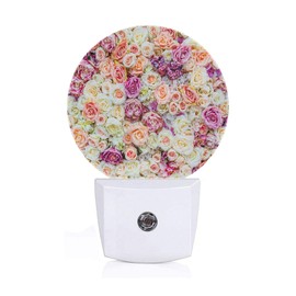 Axayaz Pink White Purple Roses LED Night Light Floral Wall Flowers for Wedding Valentine Lovers Dusk to Dawn Round Lamp Auto Sensor for Bathroom Hallway Living Room