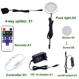 AIBOO Under-Unit Light Kitchen LED 230 V Cabinet Lighting Pack of 4 with Remote Control Dimmable, 12 V Under-Unit Light Kitchen LED with Cable for Cabinets Wardrobe Kitchen 8 W Warm White