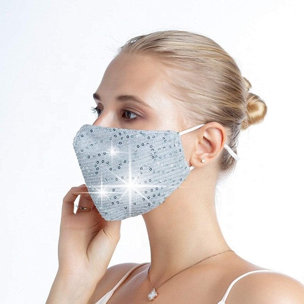 Fashion Sequin Glitter Cotton Masks for Women Filter Pocket and Filter Included | Glamour Masks (Light Silver)