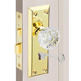 MaxxGeek Antique Mortise Keyed Lock Set with Fluted Glass Knobs and Skeleton Keys, Fits 1-3/8"-1-3/4" Interior Doors, Backset 2-3/8", Gold/Polished Brass, 1 Pack