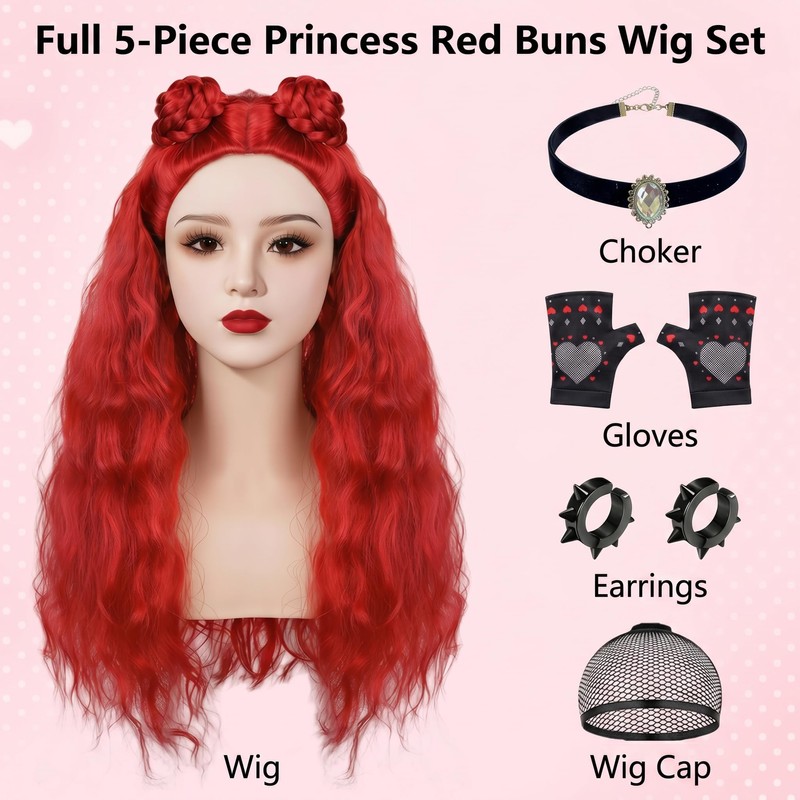FOVER 5-Piece Red Princess Buns Wig Set for Women Costumes