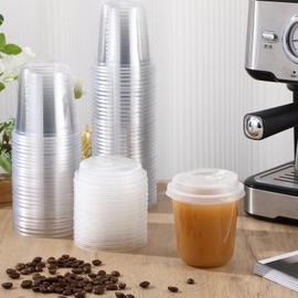 Baderke 100 Sets 12oz Disposable Crystal Clear Plastic Cups With Lids, Round Bottom Iced Coffee Cups With Lid for Smoothie, Cold Beverages, Drinking Cups, Cold Drinks for Party, Wedding, Event