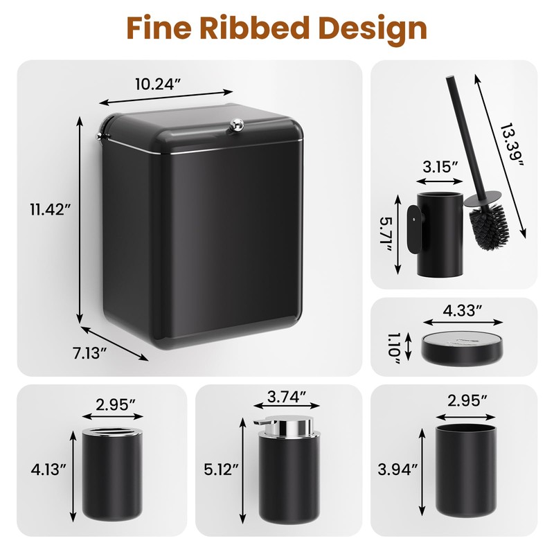 InnJoey 7-Piece Black Bathroom Set with Suction Wall Trash Can