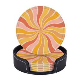 Retro Hippie Swirl Coasters for Drinks Round Leather Coaster with Holder Set of 6 for Tabletop Protection Desk Accessories Office Home Room Decor