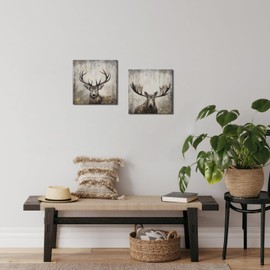 Zlove 2 Pieces Cabin Deer Moose Wall Art Rustic Elk Animal Head Wildlife Picture Grey and Gold Artwork Living Room Home Office Decorations 12x12inchx2pcs