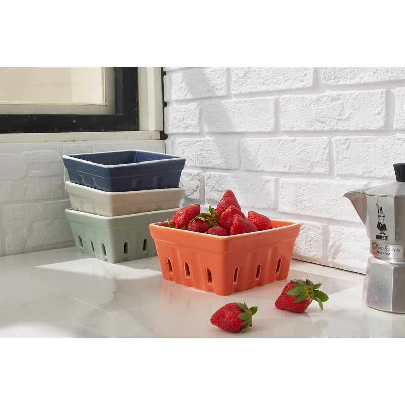 ONEMORE Ceramic Berry Basket, Square Fruit Bowls, Rustic Stoneware Berry
