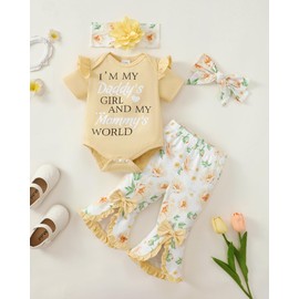 SUNNY PIGGY Newborn Baby Girl Clothes Infant Outfits Romper Floral Fall Outfit Bell Bottoms Pant Sets Hat Headband Flowerpant Apricot 12-18M