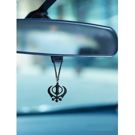 BEXCO Sikh Khanda Sahib Metal Car Hanging Rear View Mirror Show Peice - Complete with Chain (6 cm, Black)