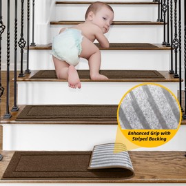 Non-Slip Stair Treads for Wooden Steps Indoor, 4 Pack 8" X 30" Edging Stair Rugs with TPE Backing, 0.4" Thick Carpet Stair Treads for Kids Elders & Pets, 100% Polyester Soft Stair Runners, Brown