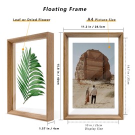 A ART·ZONE 10X15 Floating Picture Frames - Set of 2, Double-Sided Organic Glass Photo Frame for Wall Hanging or Tabletop Home Decor Living Room Bedroom Office (Wood, 10X15)