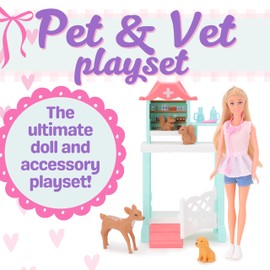 Toyland® Haustier- und Tierarzt-Spielset – 1 Puppe, 1 Tierarztstation, 1 Hund, 2 Eichhörnchen, 1 Hirsch und 4 Zubehörteile enthalten – Mädchenspielzeug