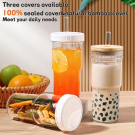 DWTS DANWEITESI Mason Jar with Lid and Straw,24 oz Iced Coffee Cup with Bamboo Lid and Straw,Boba Cups Smoothie Tumbler-Wide Mouth Reusable Glass Cups with Lid and Straws【4 Pack】