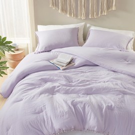 Codi Lavender Purple Boho King Bedding Set, Aesthetic Luxurious Pom Fringe Design Comforter, Cute Soft Washed Microfiber Bed Sets, Lightweight Chic 3pcs,1 Comforter & 2 Pillowcases (104x90 Inches)