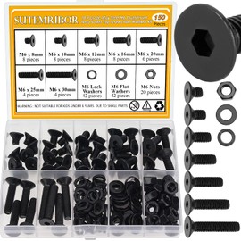 150 Pieces M6 Screws Nuts Washers Set Black, Sutemribor M6 x 8/10/12/16/20/25/30mm Countersunk Head Socket Cap Screws Nuts Washers Assortment Kit, 10.9 Grade Alloy Steel, Fully Threaded