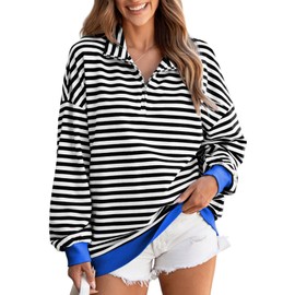 EVALESS Womens Sweatshirt Fall Outfits for Women 2024 Casual Oversized Striped Color Block Long Sleeve Shirts Cute Comfort Color Sweatshirts Fashion Loose Fit Quarter Zip Pullover Tops Black Medium