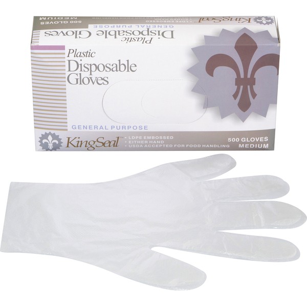 KingSeal Light Duty Poly Disposable Gloves, Powder-Free, Latex-Free, Size Medium - 8 Boxes of 500 Gloves By Weight (4000 Count)