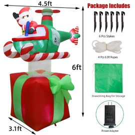 Juegoal Christmas Inflatables Outdoor Decorations, 6FT Inflatable Xmas Santa Claus with Helicopter on Gift Box, Lighted Blow Up Santa Flying Airplane, Built in Light for Holiday Lawn Yard Garden Decor