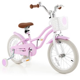 GYMAX Kids Bike for Boys & Girls Aged 3-8 Years, 14”/16”/18” Children Bicycle w/Training Wheels, Dual Brakes, Adjustable Seat, 95% Pre-Assembled, Toddler Balance Bike (Purple, 16 inches)