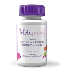 Mebipren9 30 cáps - Ácido fólico, Complejo B, Vitamina D, Calcio, Hierro, Potasio, Zinc, Magnesio, Vitamina A, Vitamina C, Vitamina E y Omega 3.