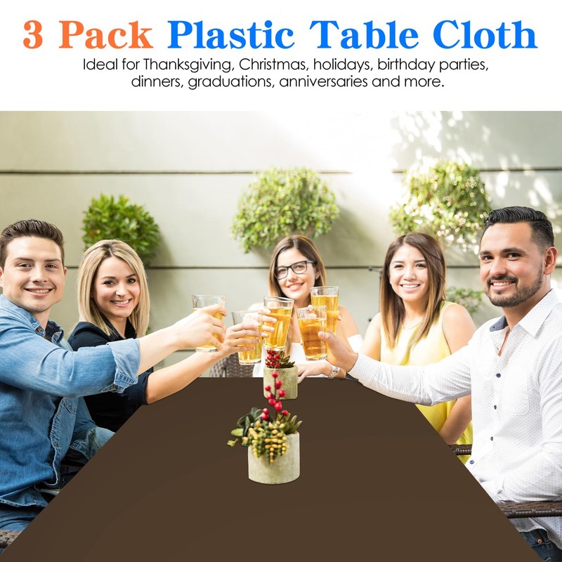 YSYJ 3 Pack Brown Plastic Tablecloth Disposable Rectangular Table Cloth