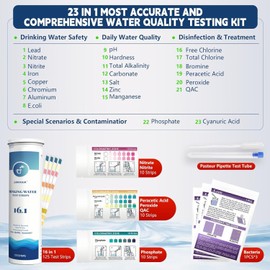 All-New 23 in 1 Drinking Water Testing Kit 158 Strips,Well Water Testing Kit & Water Test Strip for House Water for Hardness，Chlorine,Copper,Iron,Lead,pH