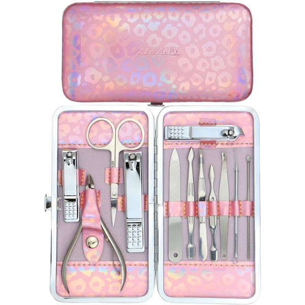 ZIZION Nail Clippers Kit Manicure Pedicure set with Holographic Case(Pink)