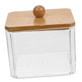 ABOOFAN Cube Cotton Swabs Holder Transparent Dustproof Storage Box with Bamboo Lid for Cotton Pads Cosmetic Sponges Makeup Essentials Sturdy Practical for Home Dorm Bathroom and Vanity