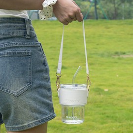 BLUEPOLAR 13oz/400ml Glass Water Tumbler with Straw and Lid Sealed Carry On Thick Wall Iced Coffee Cup Glass Cup for Water, Iced Tea Fruit Juice Etc (White with Sleeve and Strap)